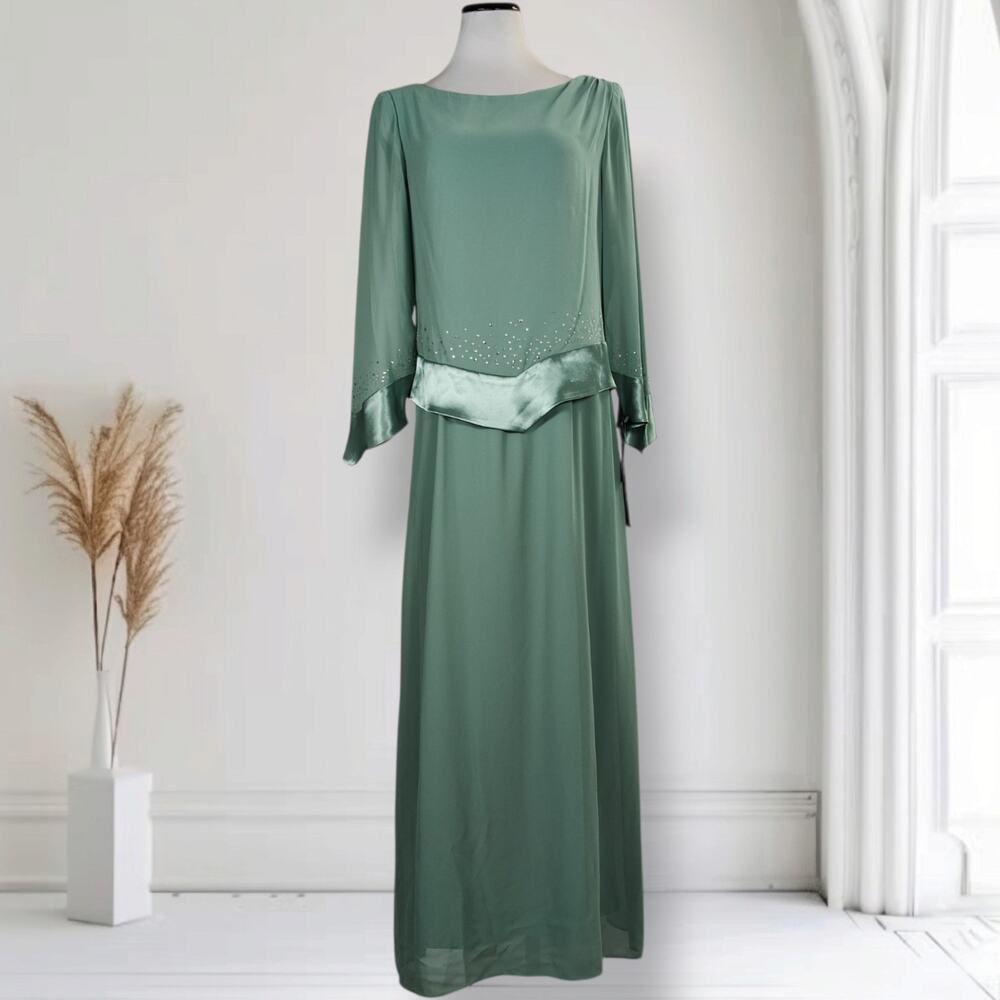 Vintage 80s Patra Sea Green Rhinestone Maxi Dress Size 12 NOS Formal Gown